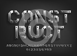 Construct alphabet font. Metal letters and numbers with screws.