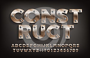 Construct alphabet font. Metallic letters and numbers with screws.