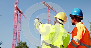 Construct Site Engineer Pointing. Worker Inspector