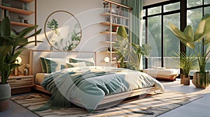 Construct a tranquil, Zen-inspired bedroom with a soothing fusion of nature-inspired colors
