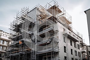 constructing a new building, with scaffolding and ladders reaching up to the roof