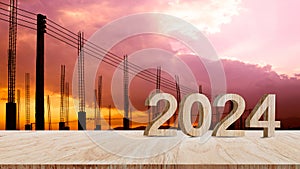 Construction 2024 concept, Silhouette construction site to welcome 2024, Happy New Year 2024, Business common goals for planning