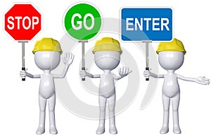 Construction 3D person STOP GO ENTER signs