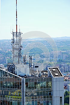 Construction for 5G broadband cellular network transmitters, telecommunication tower, wireless communication concept