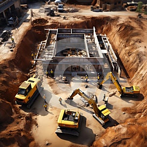 Construction from above Drone hovers over site, displaying machinery, materials, and workers