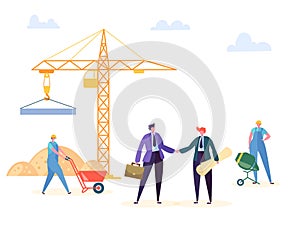 Construction Agreement Handshake Vector Illustration. Business Manager and Engineer have Building Partnership Contract