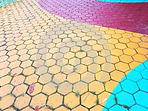 Construction area floor of hexagonal color brick blocks