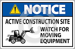 Construction Area Sign Notice - Active Construction Site, Watch For Moving Equipment