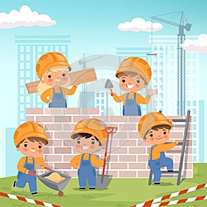 Construction background. Little kids making some work at construction build house vector cartoon background photo