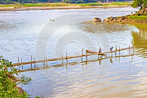 Construction of Bamboo Bridge over Mekong River Luang Prabang Laos