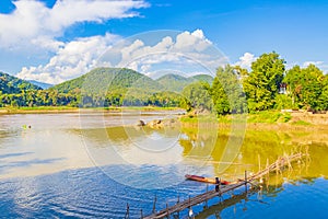 Construction of Bamboo Bridge over Mekong River Luang Prabang Laos