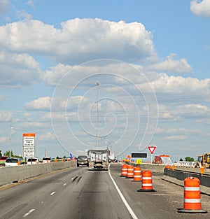 Construction Barrels Along The Interstate Highway