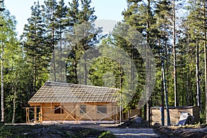 Construction of a beautiful house made of timber, harmoniously fitting into the nature