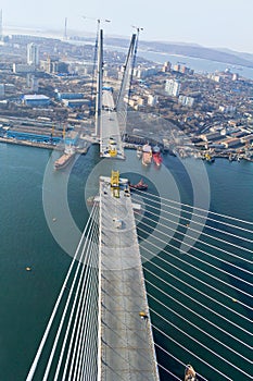 Construction of big guyed bridge in the Russian Vladivostok