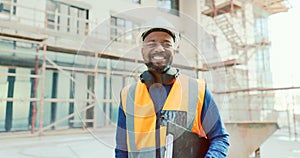 Construction, black man and clipboard, building and inspection, manage work at job site, construction worker and