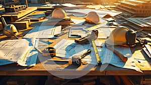 Construction Blueprint and Tools on a Workbench