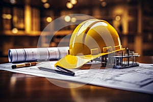 Construction blueprints, drawing tools, and a yellow helmet symbolize planning
