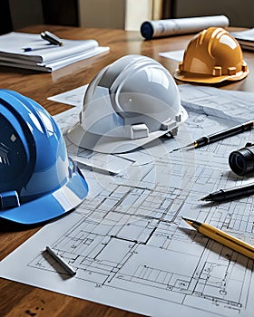 construction blueprints and hard hat on planning table of builders site