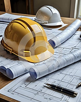 construction blueprints and hard hat on planning table of builders site