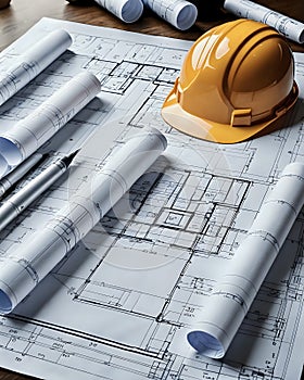 construction blueprints and hard hat on planning table of builders site