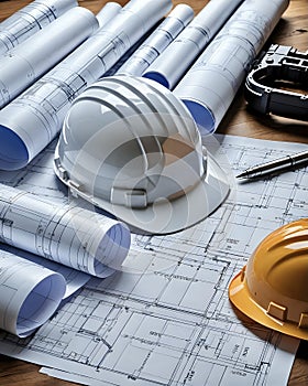 construction blueprints and hard hat on planning table of builders site