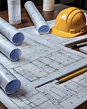 construction blueprints and hard hat on planning table of builders site