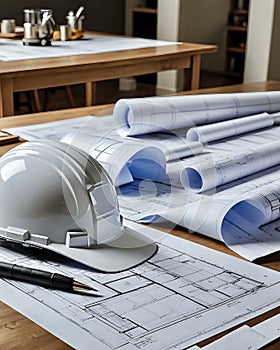 construction blueprints and hard hat on planning table of builders site