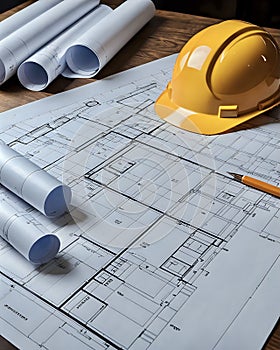 construction blueprints and hard hat on planning table of builders site