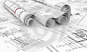 Construction blueprints in rolls