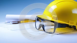 Construction blueprints and safety gear, essential tools for building projects construction