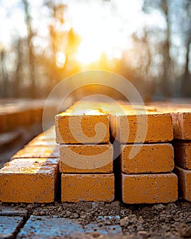 Construction bricks stacked outdoors with sunlight in the background