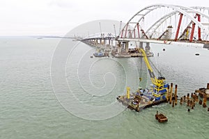 Construction of the bridge. Engineering facilities for the construction of a railway and automobile bridge across the strait