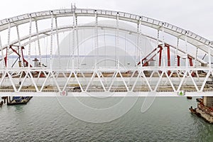 Construction of the bridge. Engineering facilities for the construction of a railway and automobile bridge across the strait