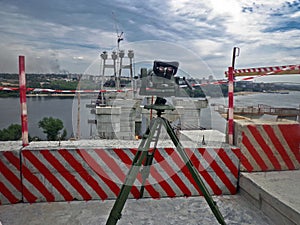 Construction of a bridge over the river. traffic artery