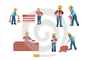 Construction Builder Character Set. installs fencing warning cones on road, worker drills road surface with jackhammer, Building