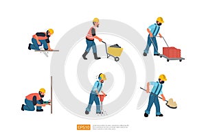 Construction Builder Character Set. Builder with Shovel, Worker with Wheelbarrow Carrying Sand, Hand Drill Work, Wheelbarrow