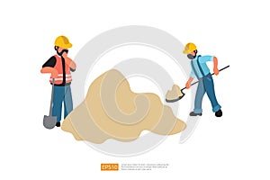 Construction Builder Character with Shovel digging sand Material. Road Work Vector Illustration of Construction Worker