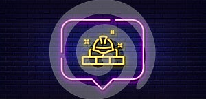 Construction builder line icon. Engineer or architect helmet sign. Neon light speech bubble. Vector