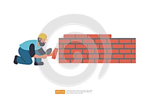Construction Builder Man Character is Building a Brick Wall. Vector Illustration of Construction Worker