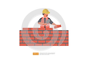 Construction Builder Man Character is Building a Brick Wall. Vector Illustration of Construction Worker