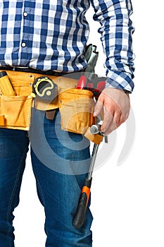 Construction builder tools and belt closeup.