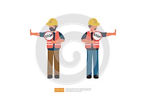 Construction Builder Worker helmet holding road stop sign. Vector Illustration of Construction Worker Character