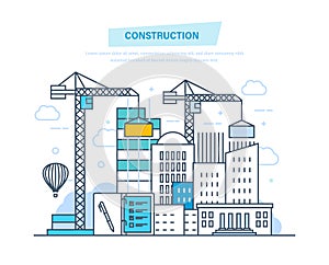 Construction building. Architectural building work process houses with crane.