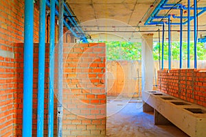 Construction building develop of housing interior install pipe with sun light tone