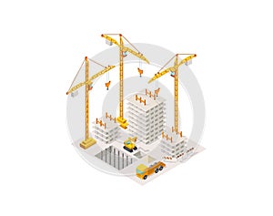 Construction building a house isometric. Lifting crane. Process of construction concrete frame building area.