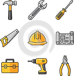 Construction, Building and Repair Tools Icon Set Vector Illustration