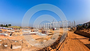 Construction Building Site Progress Halfway New Warehouse Factory Landscape