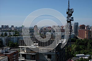 Construction building timelapse with crane and workers. One day