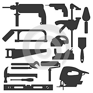 Construction building tools silhouette carpenter industry worker equipment vector illustration.