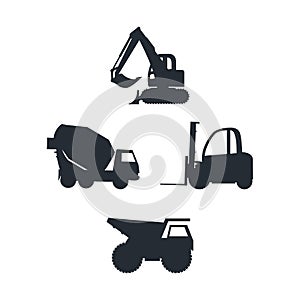 Construction car icon set, build machine, vector isolated illustration, side view on white background